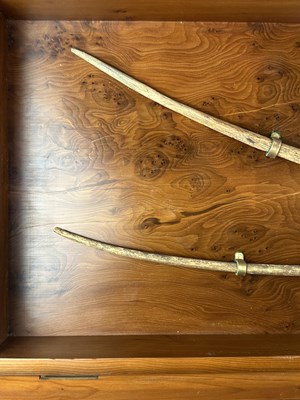 Lot 1 - TWO ANCIENT EGYPTIAN BOWS, PROBABLY MIDDLE KINGDOM CIRCA 2000 B.C., AND THREE STONE ARROWHEADS