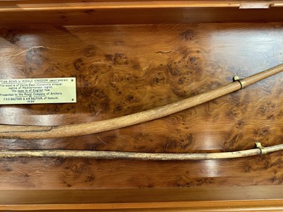 Lot 1 - TWO ANCIENT EGYPTIAN BOWS, PROBABLY MIDDLE KINGDOM CIRCA 2000 B.C., AND THREE STONE ARROWHEADS