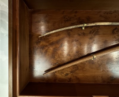 Lot 1 - TWO ANCIENT EGYPTIAN BOWS, PROBABLY MIDDLE KINGDOM CIRCA 2000 B.C., AND THREE STONE ARROWHEADS