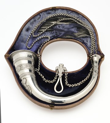 Lot 23 - A CASED ROYAL PRESENTATION GEORGE III SILVER ARCHERY PRIZE HORN, ROBERT NASH, LONDON, DATED 1795