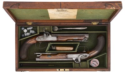 Lot 287 - A CASED PAIR OF 16 BORE PERCUSSION TRAVELLING PISTOLS BY WESTLEY RICHARDS, 170 NEW BOND STREET, LONDON, BIRMINGHAM PROOF MARKS, NO. 413, CIRCA 1840