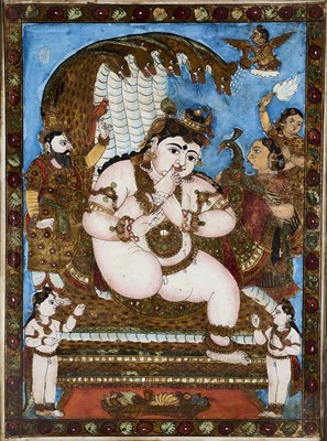 Lot 345 - A REVERSE GLASS PAINTING DEPICTING BALAKRISHNA ON SHESHA, TAMIL NADU, SOUTH INDIA, CIRCA 1900