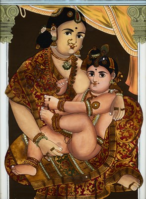 Lot 347 - A REVERSE GLASS PAINTING OF KRISHNA BREASTFED BY YASHODA, TAMIL NADU, SOUTH INDIA, CIRCA 1900