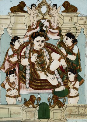 Lot 346 - A REVERSE GLASS PAINTING DEPICTING BALAKRISHNA WITH A PAT OF BUTTER, SOUTH INDIA, CIRCA 1900