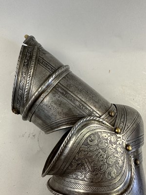 Lot 170 - A COMPOSITE NORTH ITALIAN CAP-A-PIE ARMOUR WITH ETCHED DECORATION, LATE 16TH CENTURY, THE BACKPLATE SIGNED BY THE MASTER ‘P’