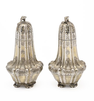 Lot 214 - A PAIR OF WILLIAM IV SILVER CASTERS, EDWARD BARNARD & SONS, LONDON, 1830