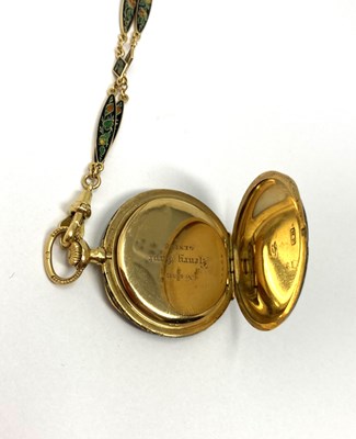 Lot 316 - A SWISS ENAMELLED GOLD LADY'S WATCH ON CHAIN, HENRY CAPT HORLOGER, MAISON GALLOPIN SUCCESSEUR, GENEVA, CIRCA 1900