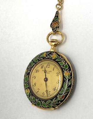 Lot 316 - A SWISS ENAMELLED GOLD LADY'S WATCH ON CHAIN, HENRY CAPT HORLOGER, MAISON GALLOPIN SUCCESSEUR, GENEVA, CIRCA 1900