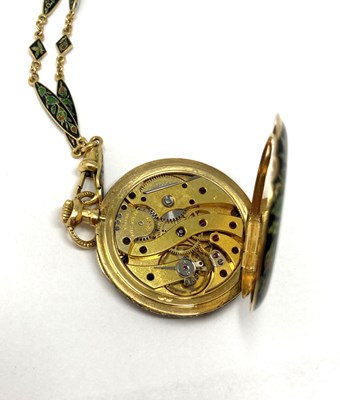 Lot 316 - A SWISS ENAMELLED GOLD LADY'S WATCH ON CHAIN, HENRY CAPT HORLOGER, MAISON GALLOPIN SUCCESSEUR, GENEVA, CIRCA 1900
