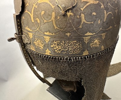 Lot 111 - A FINE PERSIAN DECORATED HELMET (KULAH KHUD), QAJAR, 19TH CENTURY