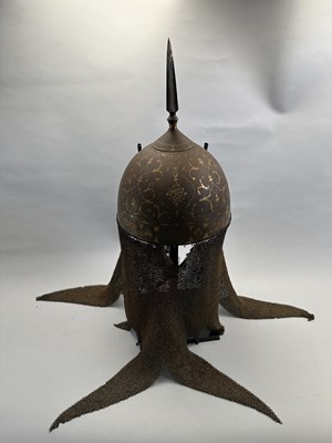 Lot 111 - A FINE PERSIAN DECORATED HELMET (KULAH KHUD), QAJAR, 19TH CENTURY