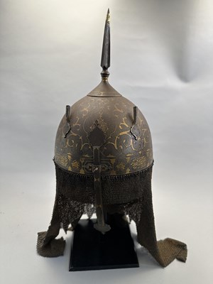 Lot 111 - A FINE PERSIAN DECORATED HELMET (KULAH KHUD), QAJAR, 19TH CENTURY