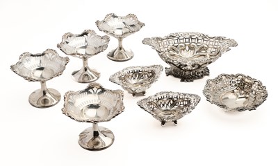 Lot 108 - A GROUP OF EIGHT ASSORTED ENGLISH SILVER SWEETMEAT DISHES, BIRMINGHAM, 1893-1915