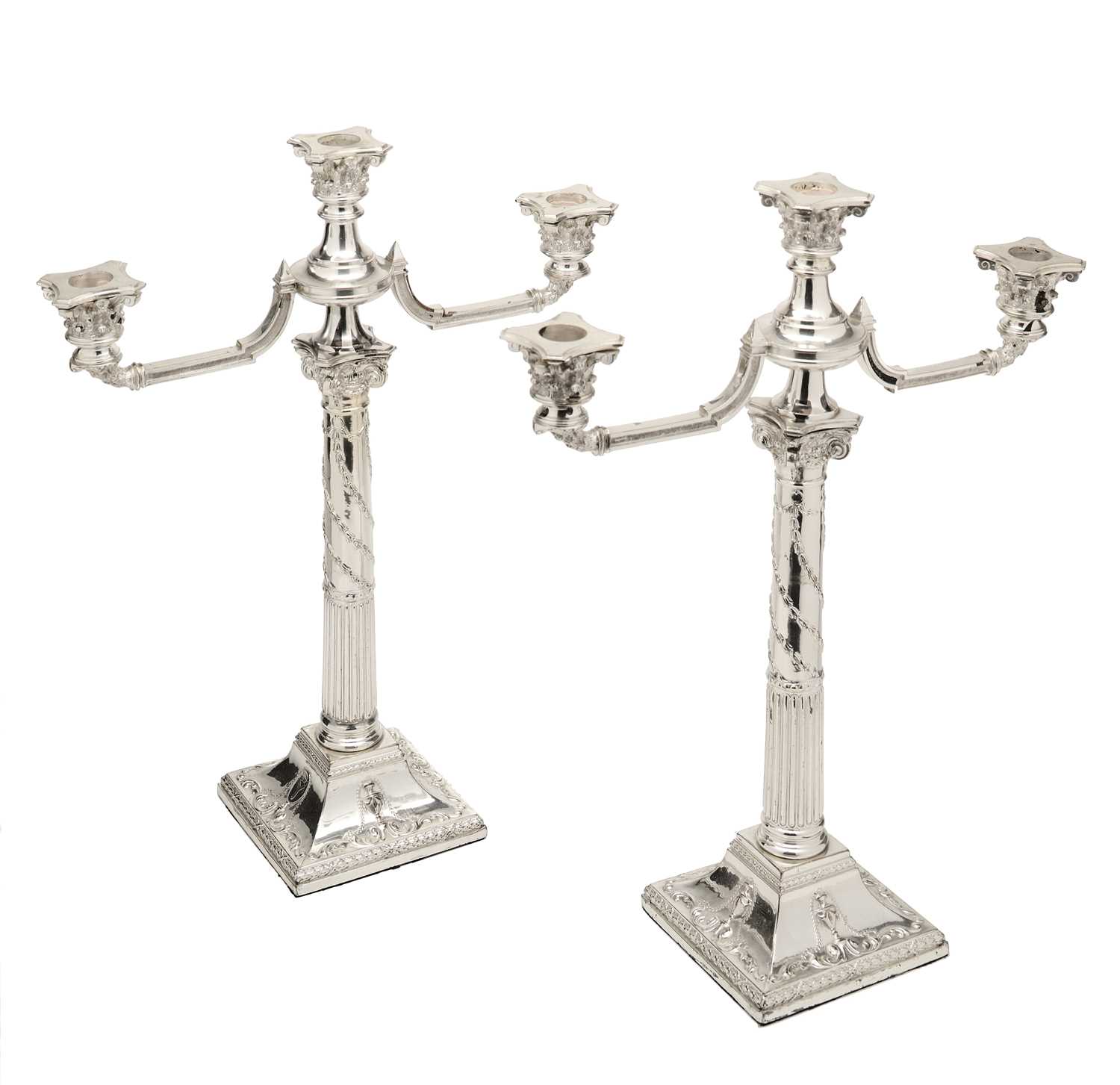 Lot 564 - A PAIR OF ELECTROPLATE THREE-LIGHT CANDELABRA, PROBABLY SHEFFIELD OR BIRMINGHAM, CIRCA 1900