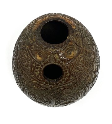 Lot 80 - A CARVED COCONUT HUQQA BASE, INDO-PERSIAN, 19TH CENTURY