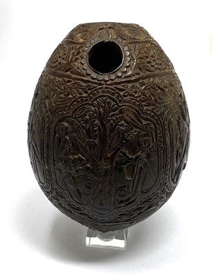 Lot 80 - A CARVED COCONUT HUQQA BASE, INDO-PERSIAN, 19TH CENTURY