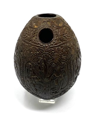 Lot 80 - A CARVED COCONUT HUQQA BASE, INDO-PERSIAN, 19TH CENTURY