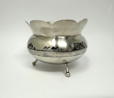 Lot 41 - AN IRAQI SILVER AND NIELLO THREE-PIECE TEA SET, PROBABLY BAGHDAD OR OMARA, CIRCA 1930