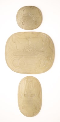 Lot 80 - THREE CHINESE CELADON JADE 'RUYI SCEPTRE' PLAQUES, LATE QING DYNASTY