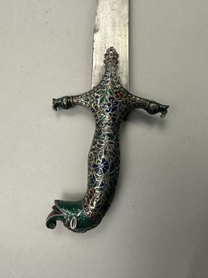Lot 95 - AN INDIAN SWORD WITH ENAMELLED SILVER MOUNTS (SHAMSHIR), MID-19TH CENTURY, PROBABLY LUCKNOW