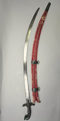 Lot 95 - AN INDIAN SWORD WITH ENAMELLED SILVER MOUNTS (SHAMSHIR), MID-19TH CENTURY, PROBABLY LUCKNOW