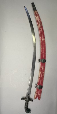 Lot 95 - AN INDIAN SWORD WITH ENAMELLED SILVER MOUNTS (SHAMSHIR), MID-19TH CENTURY, PROBABLY LUCKNOW