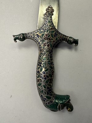 Lot 95 - AN INDIAN SWORD WITH ENAMELLED SILVER MOUNTS (SHAMSHIR), MID-19TH CENTURY, PROBABLY LUCKNOW