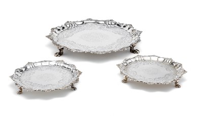Lot 396 - A SET OF THREE GEORGE II SILVER SALVERS^ JOHN...
