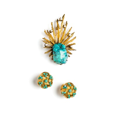 Lot 429 - TURQUOISE AND CULTURED PEARL BROOCH/PENDANT^...