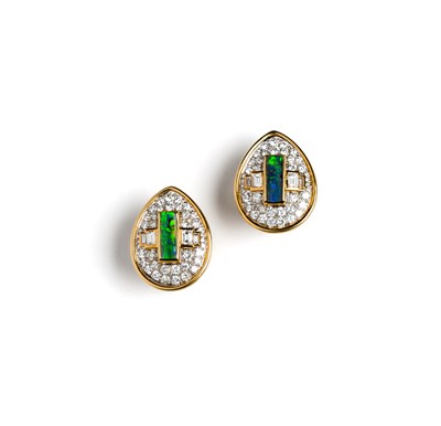 Lot 436 - PAIR OF OPAL AND DIAMOND EARCLIPS¦each drop...