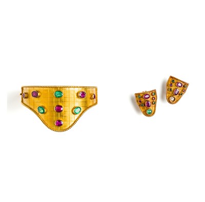Lot 441 - RUBY AND EMERALD CUFF BRACELET AND PAIR...