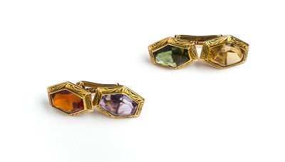 Lot 460 - PAIR OF GOLD AND GEMSTONE CUFFLINKS^...