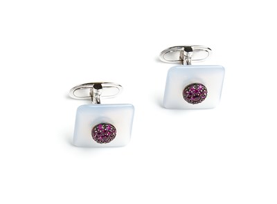 Lot 474 - PAIR OF CHALCEDONY AND RUBY CUFFLINKS^...