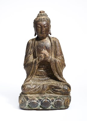 Lot 92 - A CHINESE SEATED LACQUERED WOOD BUDDHA, MING DYNASTY, 17TH CENTURY