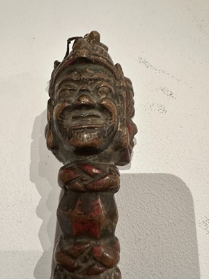 Lot 408 - A CARVED AND PAINTED WOOD RITUAL DAGGER (PHURBU), TIBET, 19TH CENTURY