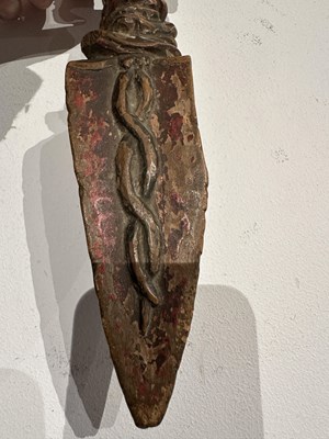 Lot 408 - A CARVED AND PAINTED WOOD RITUAL DAGGER (PHURBU), TIBET, 19TH CENTURY