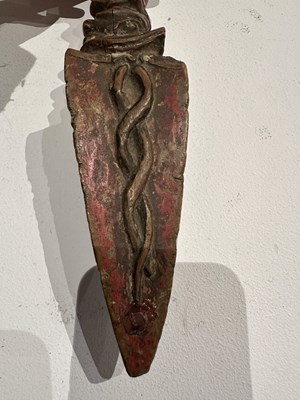 Lot 408 - A CARVED AND PAINTED WOOD RITUAL DAGGER (PHURBU), TIBET, 19TH CENTURY