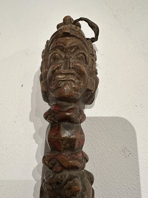 Lot 408 - A CARVED AND PAINTED WOOD RITUAL DAGGER (PHURBU), TIBET, 19TH CENTURY