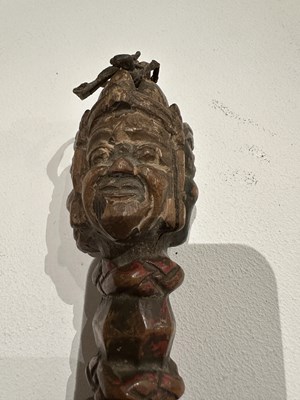 Lot 408 - A CARVED AND PAINTED WOOD RITUAL DAGGER (PHURBU), TIBET, 19TH CENTURY