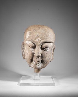 Lot 128 - A CHINESE SANDSTONE HEAD OF A LUOHAN, MING DYNASTY (1368-1644)