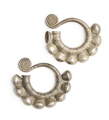 Lot 212 - A PAIR OF SILVER EARRINGS, MIAO CULTURE, SOUTHERN CHINA, CIRCA 1900