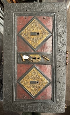Lot 134 - A LARGE GERMAN PAINTED STEEL STRONGBOX, LATE 17TH/18TH CENTURY AND LATER
