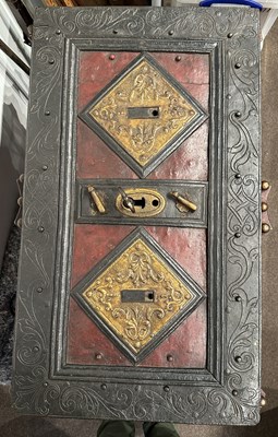Lot 134 - A LARGE GERMAN PAINTED STEEL STRONGBOX, LATE 17TH/18TH CENTURY AND LATER