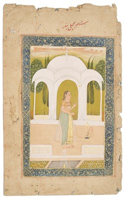 Lot 210 - A WOMAN SMOKING A HUQQA ON A TERRACE, INDIA, DECCAN, 18TH CENTURY