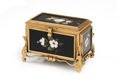Lot 276 - A FRENCH GILT-METAL SMALL CASKET WITH PIERTRA DURA PANELS, PARIS, LATE 19TH CENTURY