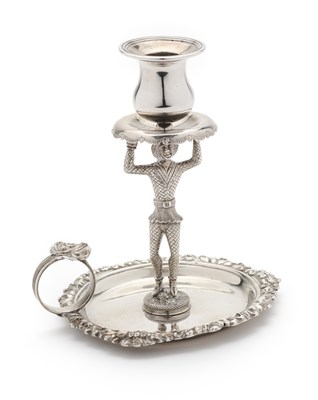 Lot 213 - A WILLIAM IV SILVER FIGURAL CHAMBERSTICK, JOHN TEARE, LONDON, 1831