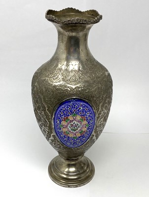 Lot 33 - A PERSIAN SILVER AND ENAMEL VASE, ISFAHAN, FIRST HALF 20TH CENTURY