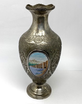 Lot 33 - A PERSIAN SILVER AND ENAMEL VASE, ISFAHAN, FIRST HALF 20TH CENTURY