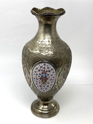 Lot 33 - A PERSIAN SILVER AND ENAMEL VASE, ISFAHAN, FIRST HALF 20TH CENTURY