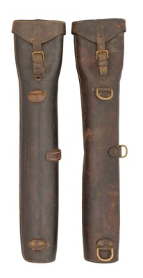 Lot 697 - A PAIR OF MILITARY LEATHER SADDLE BUCKETS, LATE 19TH/EARLY 20TH CENTURY